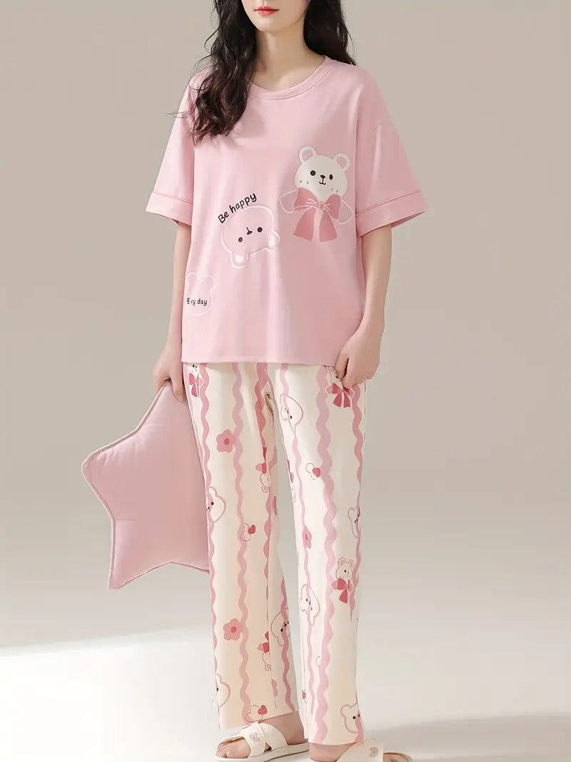 pink happy bear design night suit premium fabric for girls and woman - M.H fashion