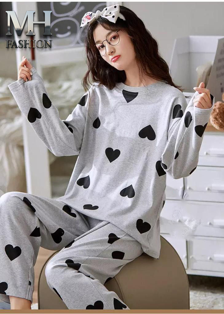 Grey heart printed design night suit fabric cotton jarsy - M.H fashion