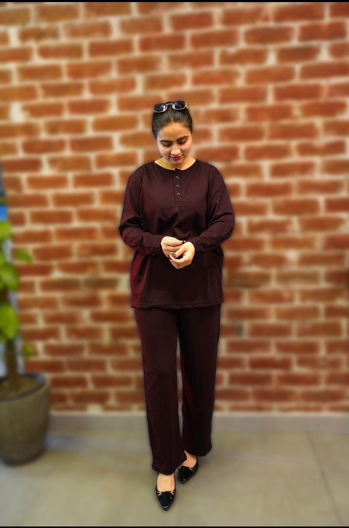 plain v neck button collar style night suit in soft cotton fabric - M.H fashion