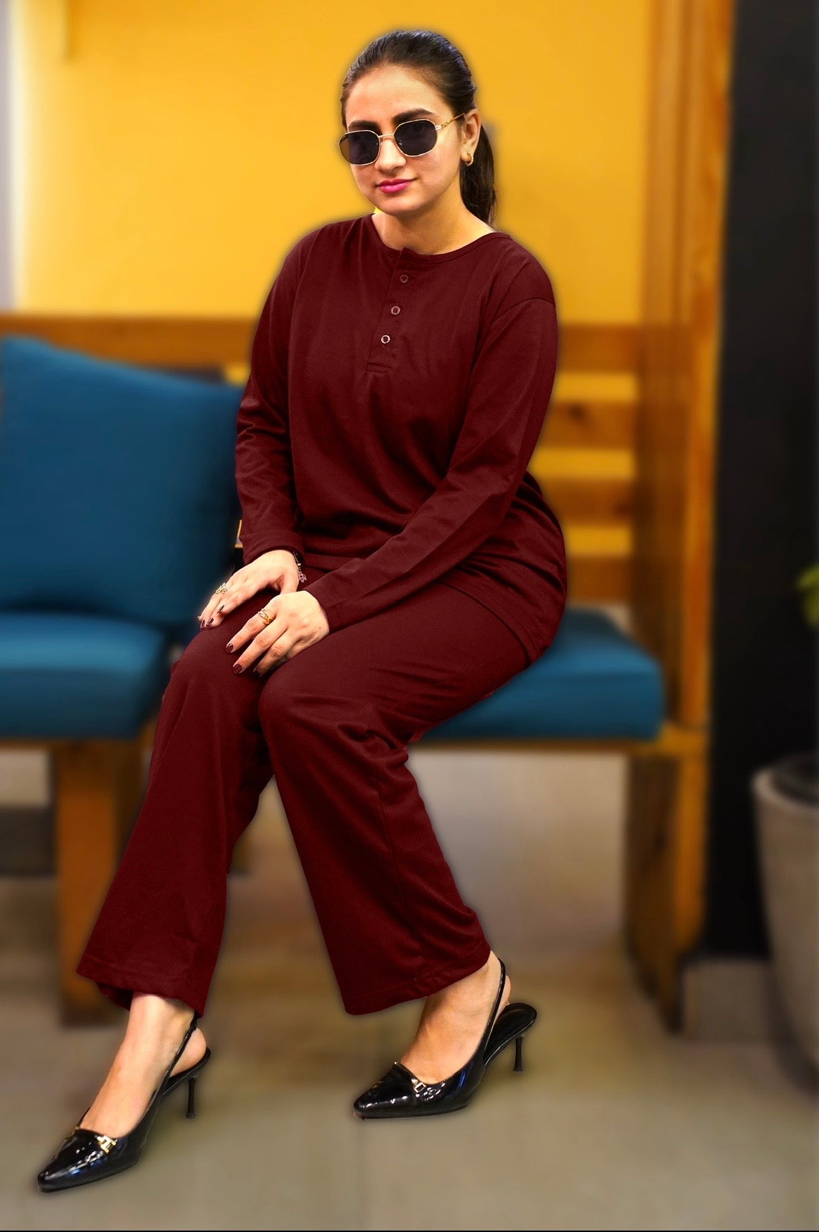 plain v neck button collar style night suit in soft cotton fabric - M.H fashion