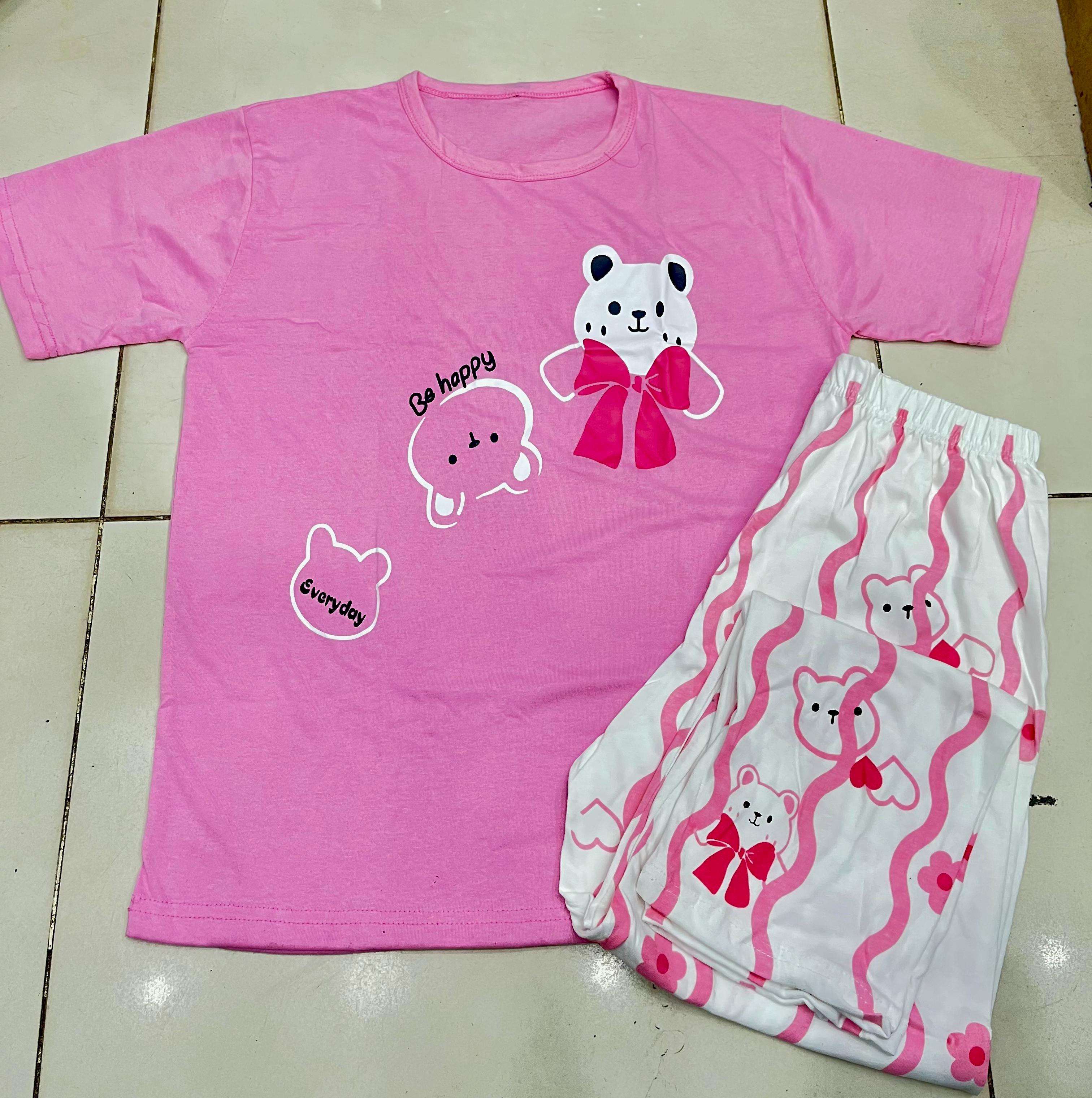 pink happy bear design night suit premium fabric for girls and woman - M.H fashion