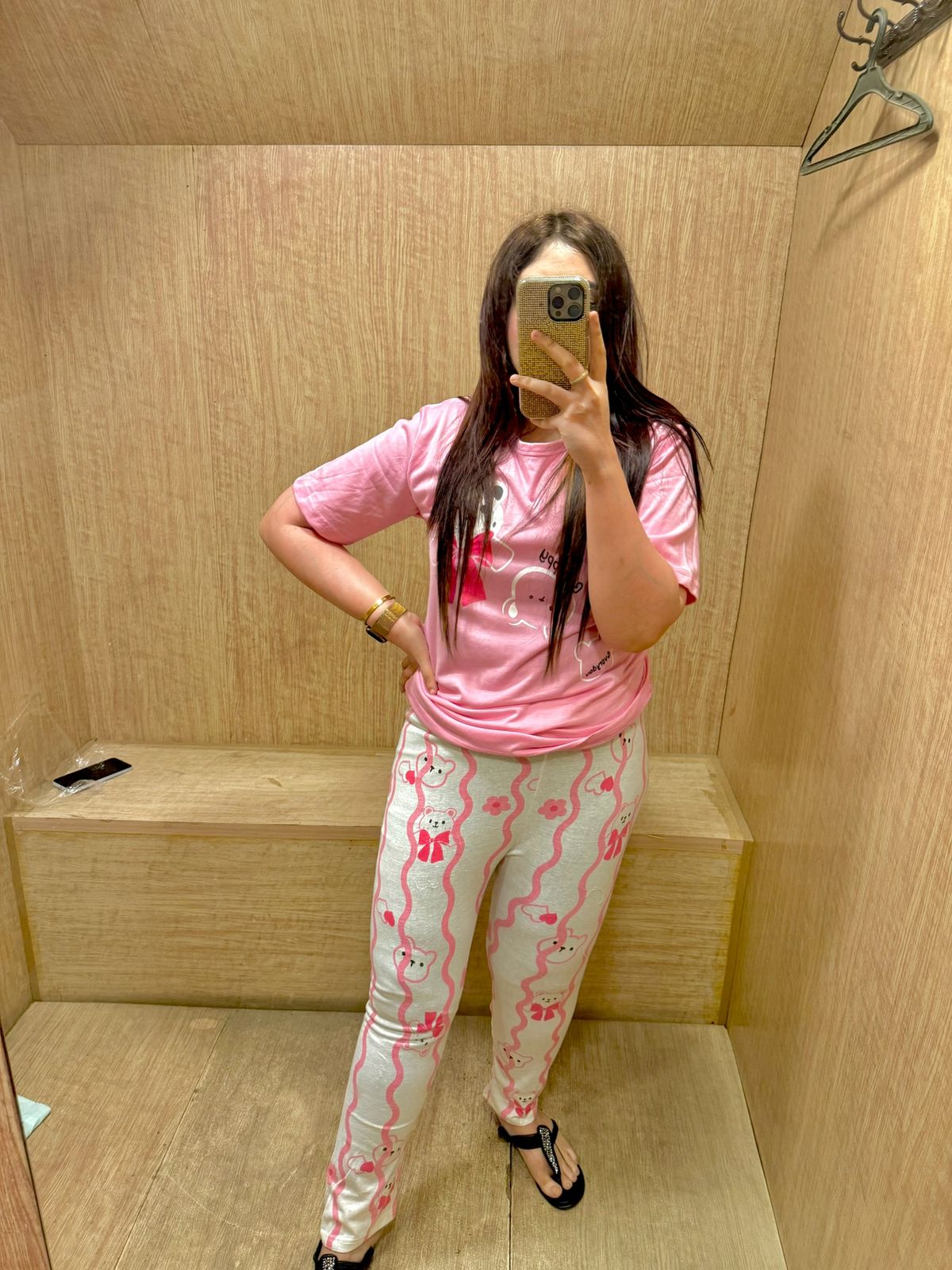 pink happy bear design night suit premium fabric for girls and woman - M.H fashion