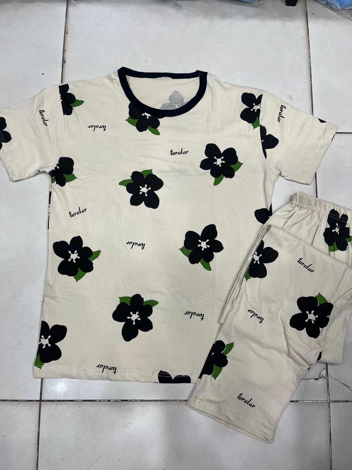 cream flower design night suit premium fabric for girls and woman - M.H fashion