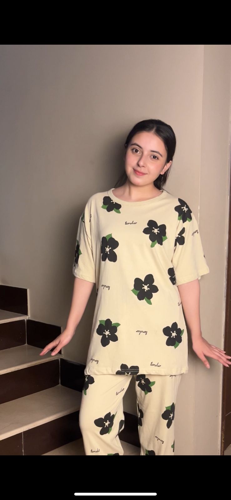cream flower design night suit premium fabric for girls and woman - M.H fashion