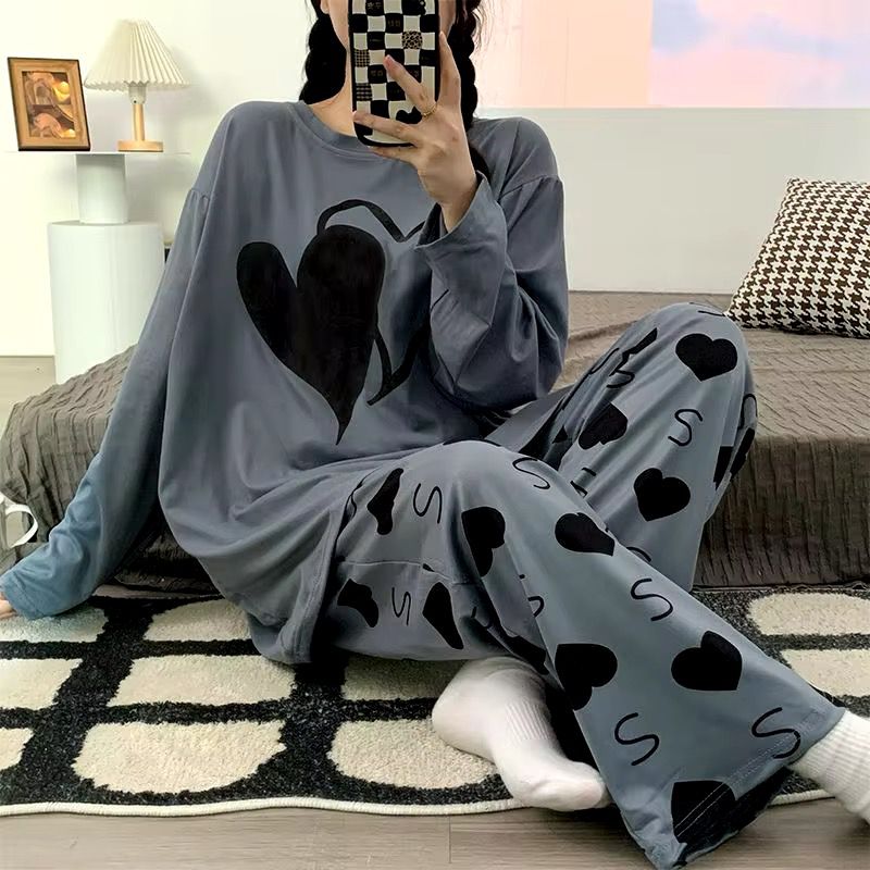dark grey heart printed night suit fabric cotton jarsy - M.H fashion