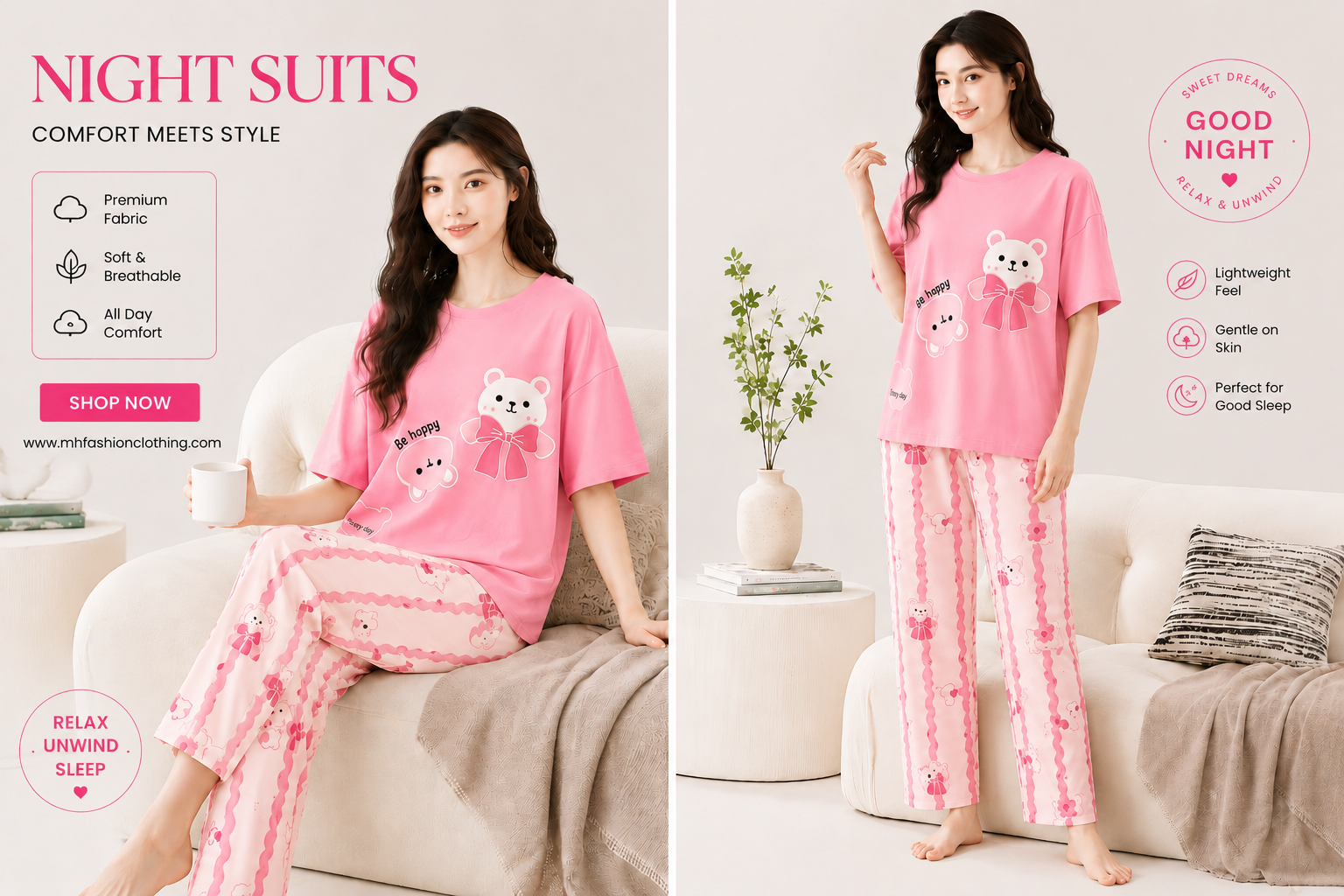 pink happy bear design night suit premium fabric for girls and woman - M.H fashion