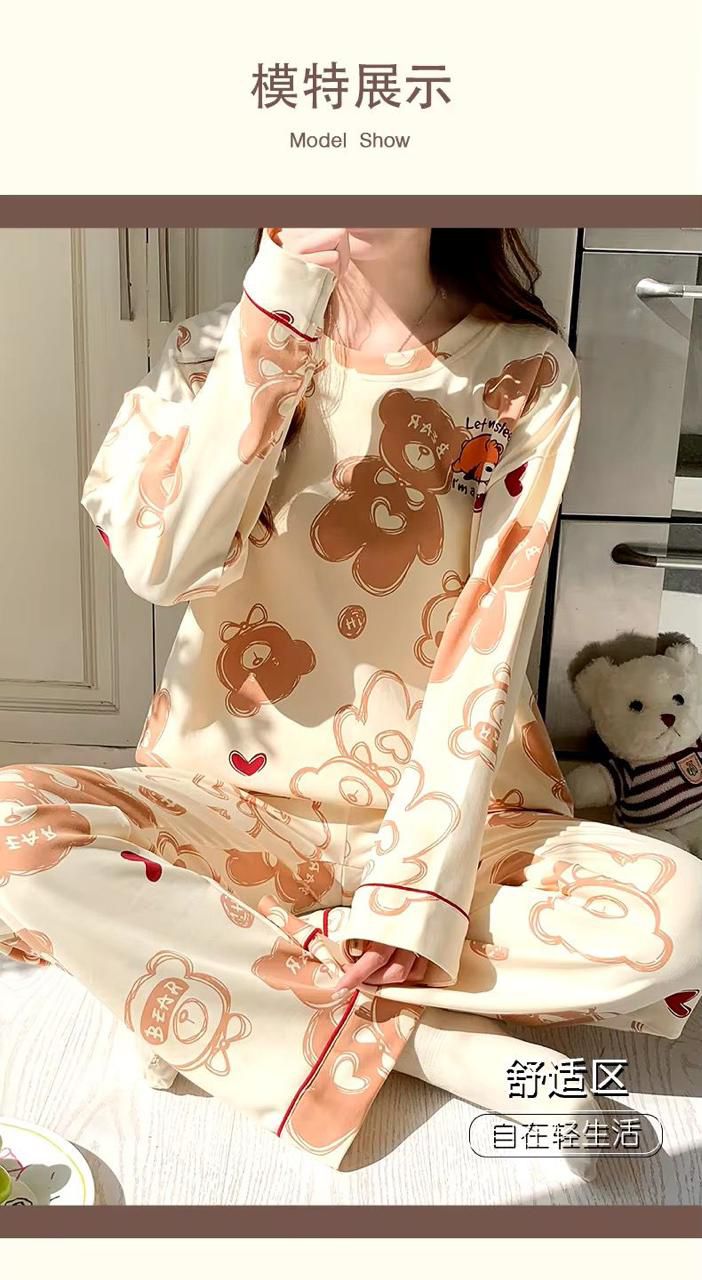 cream bear printed full sleeves night suit fabric cotton jarsy - M.H fashion