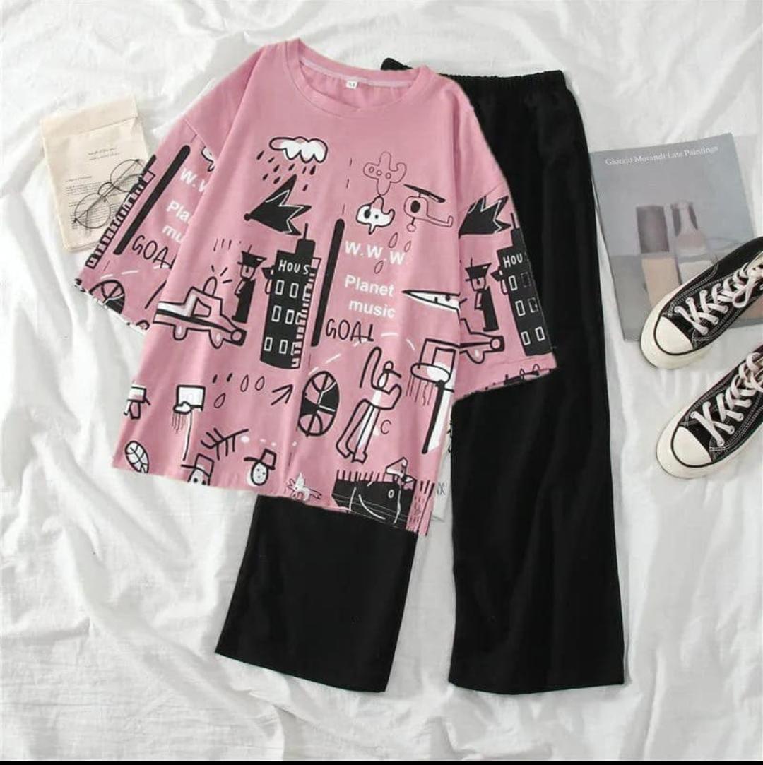 planet printed style night suit cotton jarsy fabric - M.H fashion