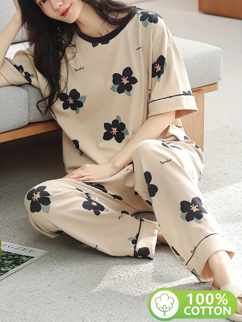 cream flower design night suit premium fabric for girls and woman - M.H fashion