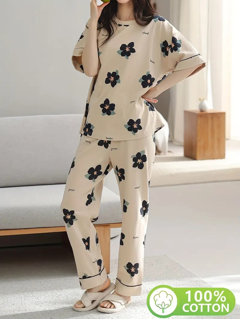cream flower design night suit premium fabric for girls and woman - M.H fashion