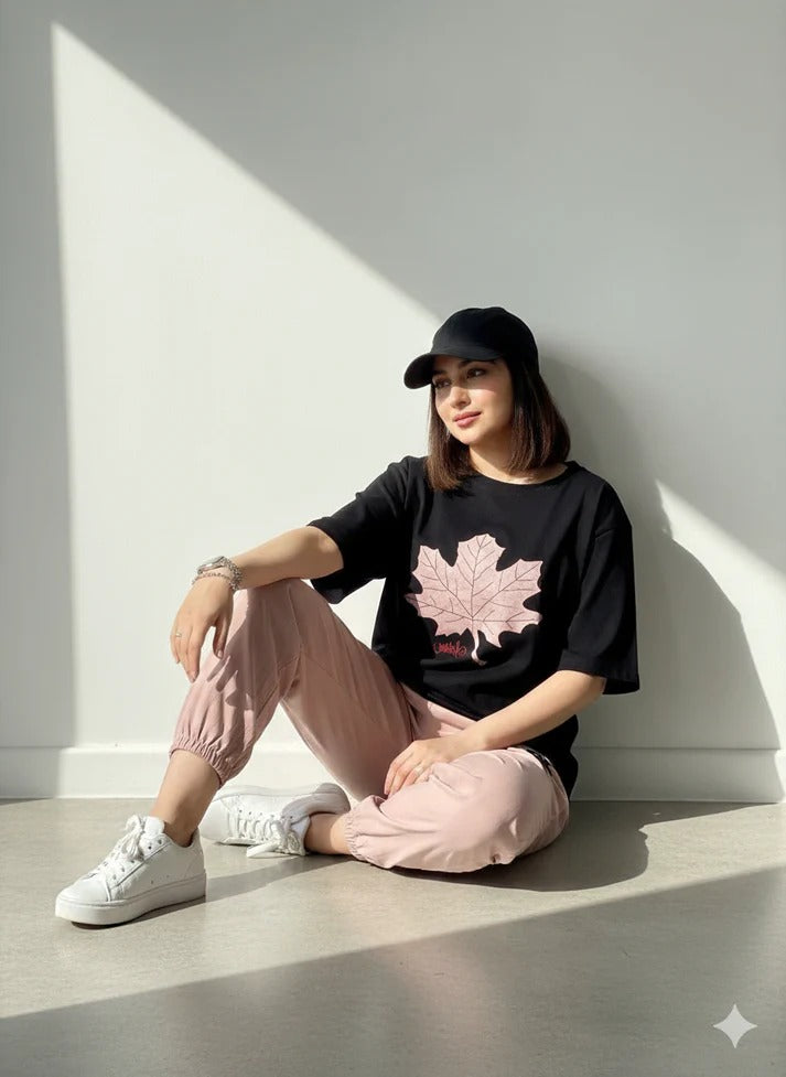 BLACK AND PINK LEAF DESIGN NIGHTSUIT FABRIC COTTON JARSY - M.H fashion