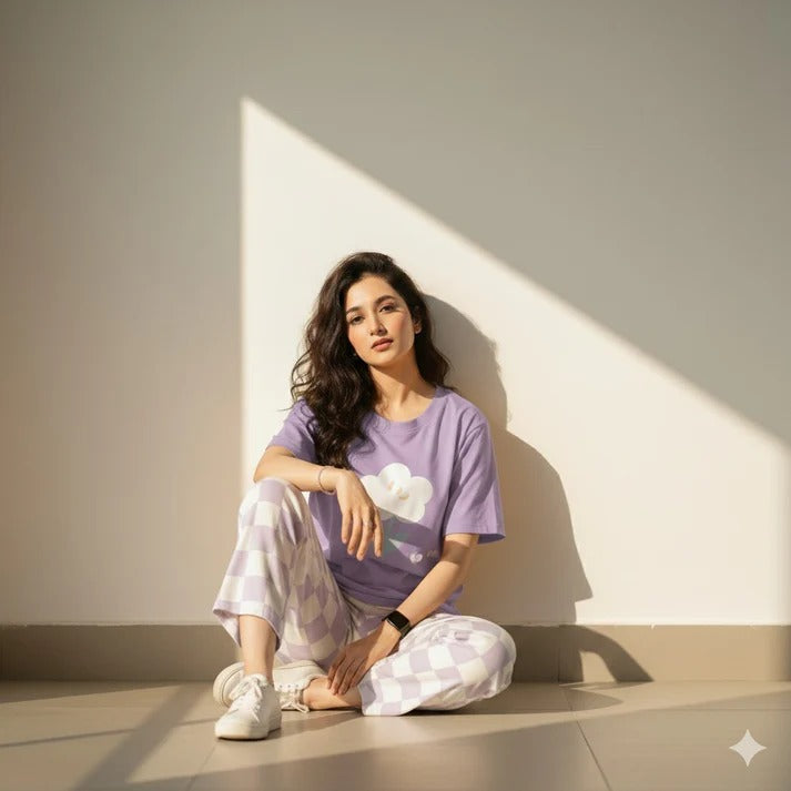 PURPLE NIGHT DRESS FLOWER PRINTED IN COTTON FABRIC - M.H fashion