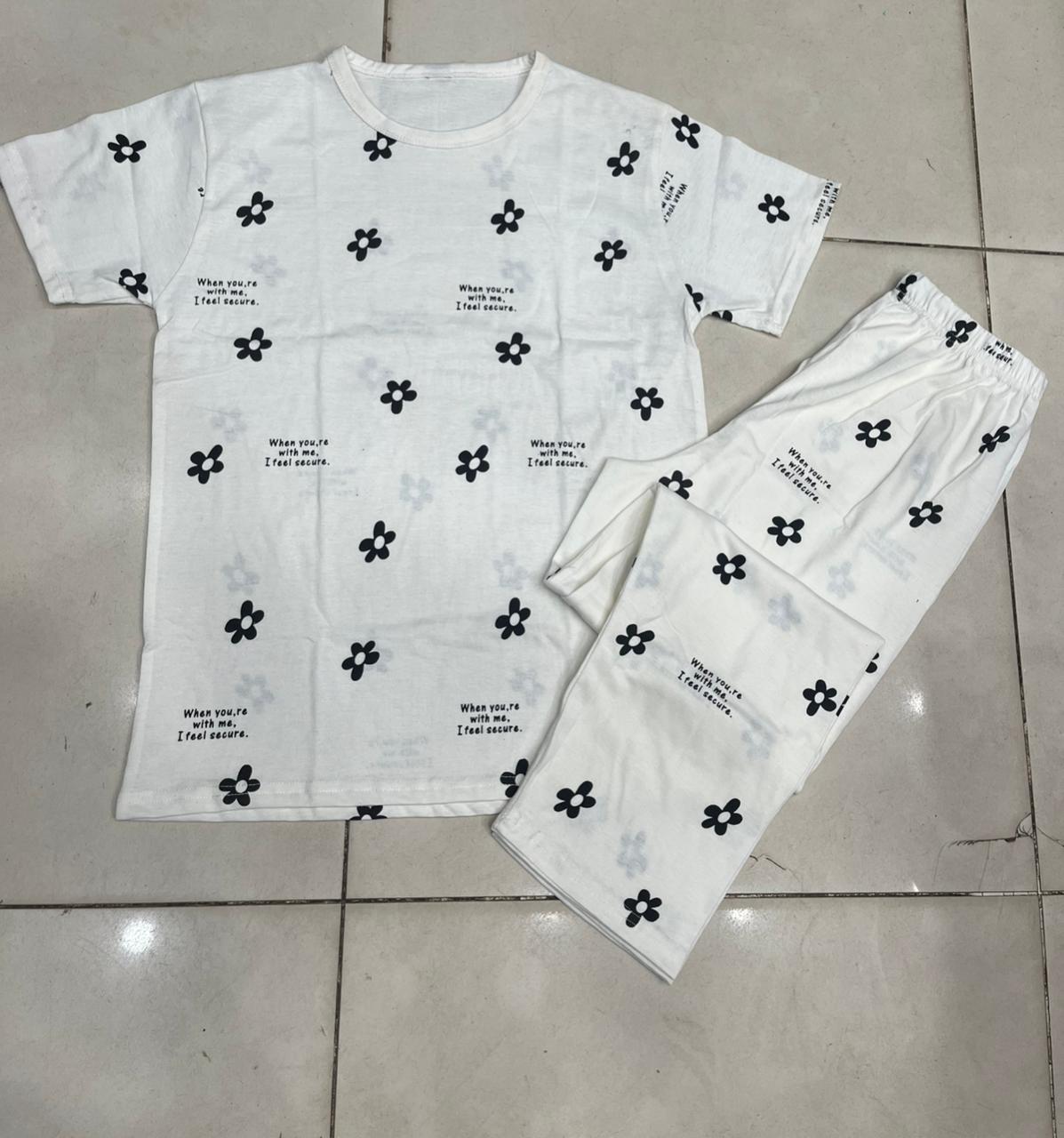 white flower design night suit premium fabric for girls and woman - M.H fashion