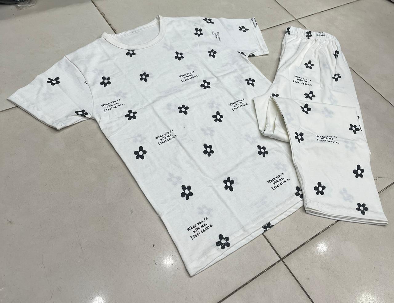 white flower design night suit premium fabric for girls and woman - M.H fashion