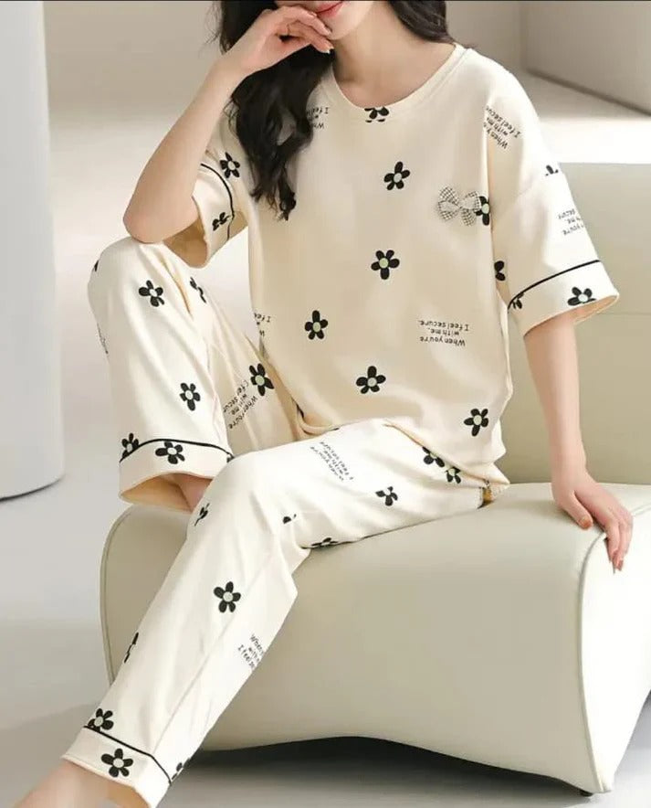 white flower design night suit premium fabric for girls and woman - M.H fashion