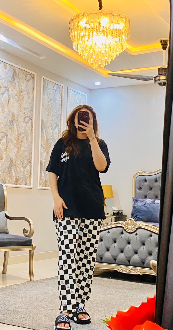 black check love printed night suit premium fabric for girl - M.H fashion