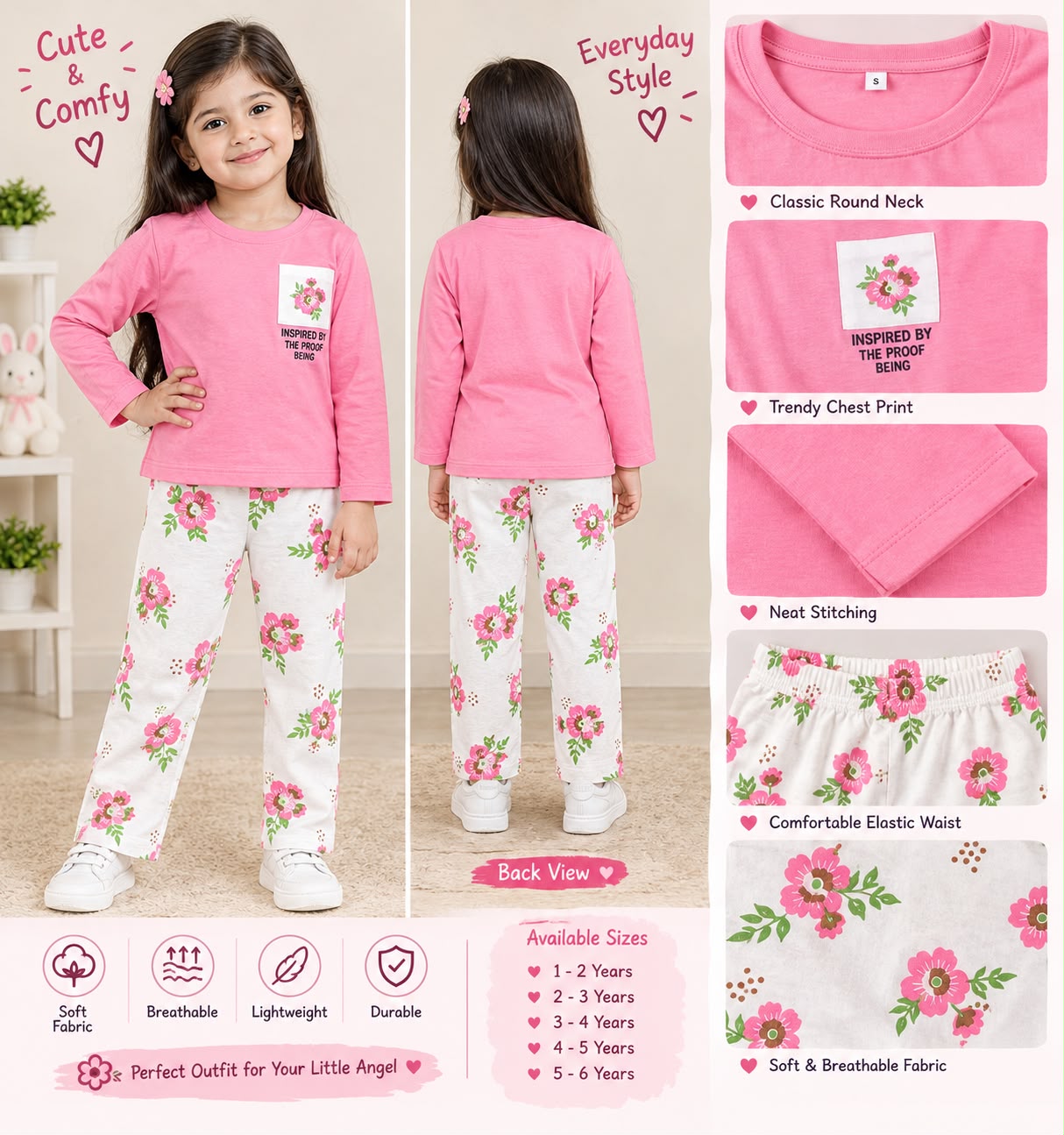 flower pocket printed kids night suits for girls - M.H fashion