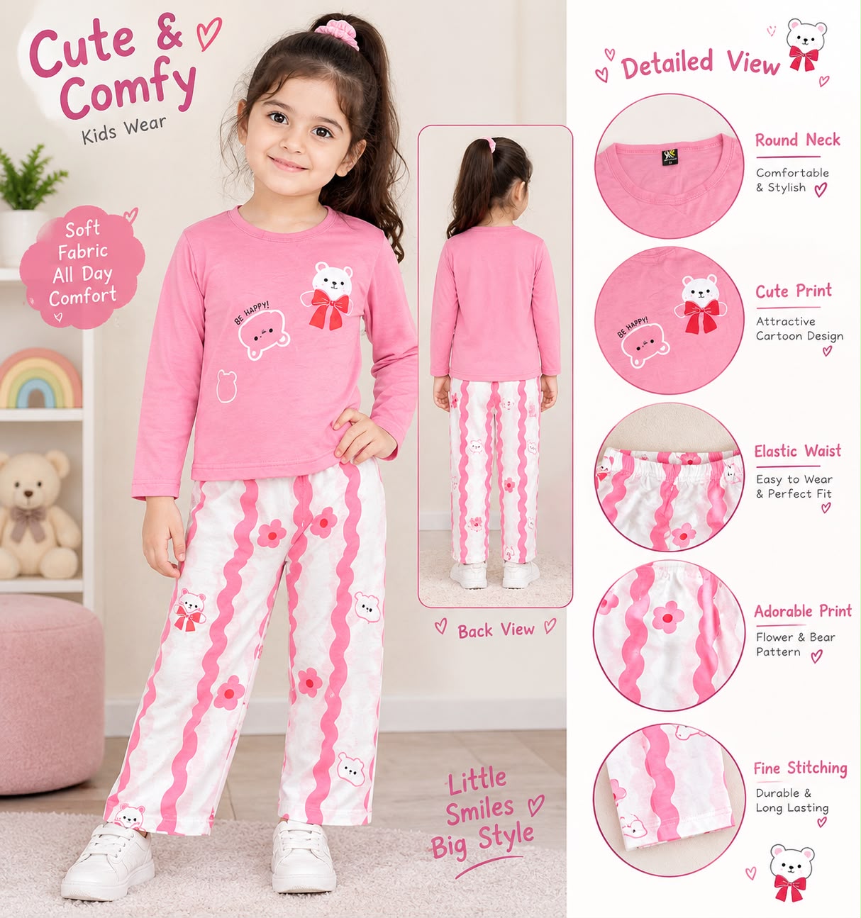 pink be happy printed kids night suits for girls - M.H fashion