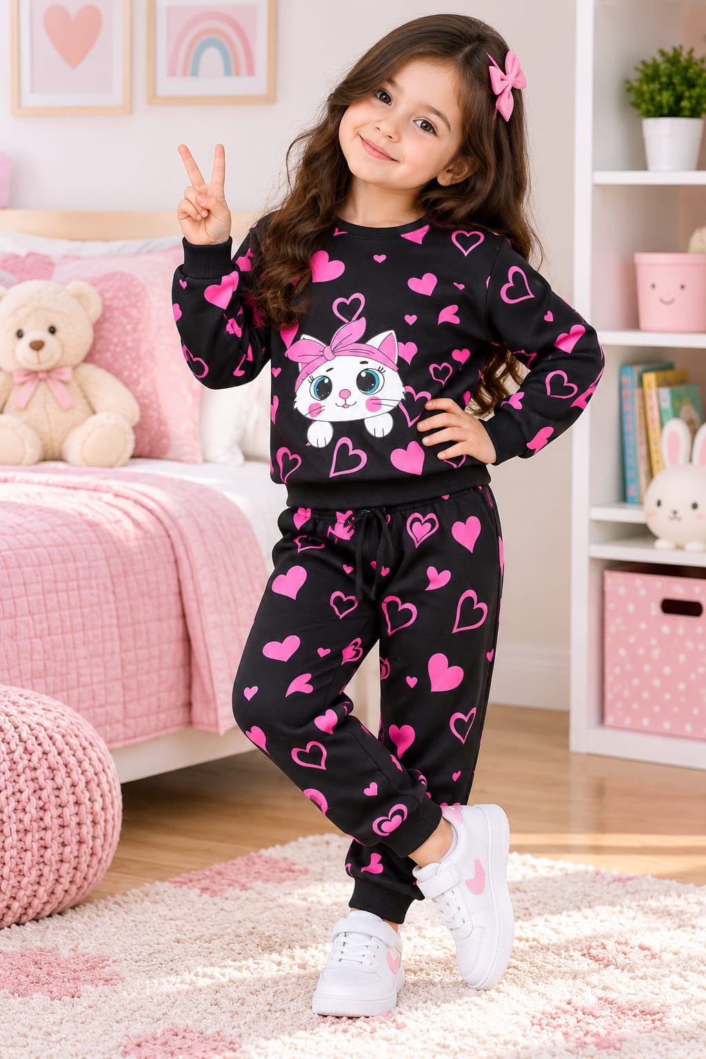 pink black cat design printed kids suit for winter - M.H fashion