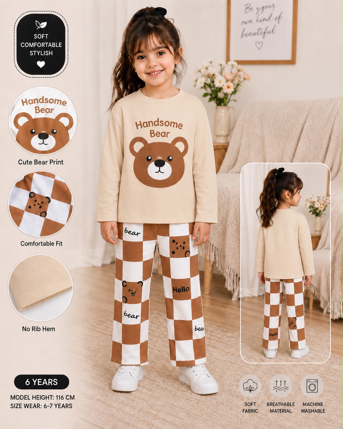 handsome bear printed kids summer night suits for girls