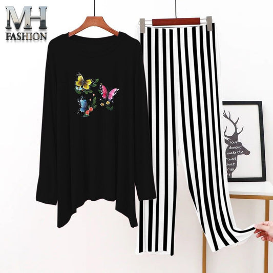 black full sleeves printed t shirt and black lining trouser night suit for girls and woman cottan jarsy fabric (M.H  25)