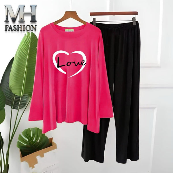 pink full sleeves t-shirt and black trouser night suit for girls and woman cottan jarsy fabric (M.H  30)