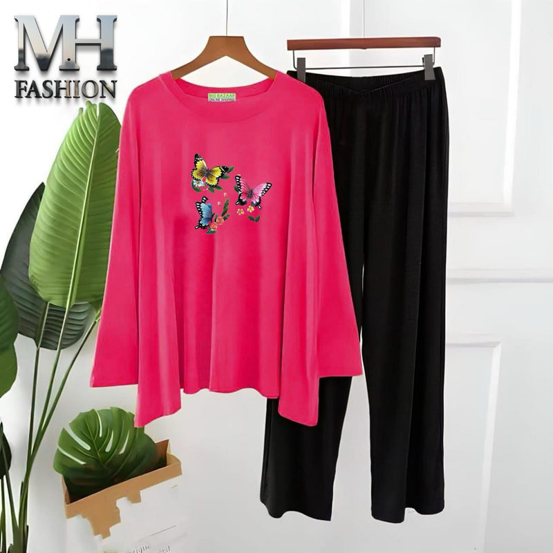 pink full sleeves t-shirt and black trouser night suit for girls and woman cottan jarsy fabric (M.H  30)