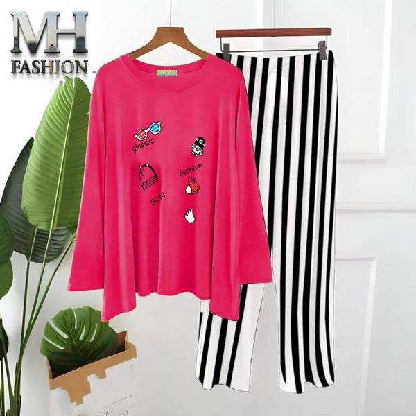 pink full sleeves t-shirt and black lining trouser night suit for girls and woman cottan jarsy fabric (M.H  29)