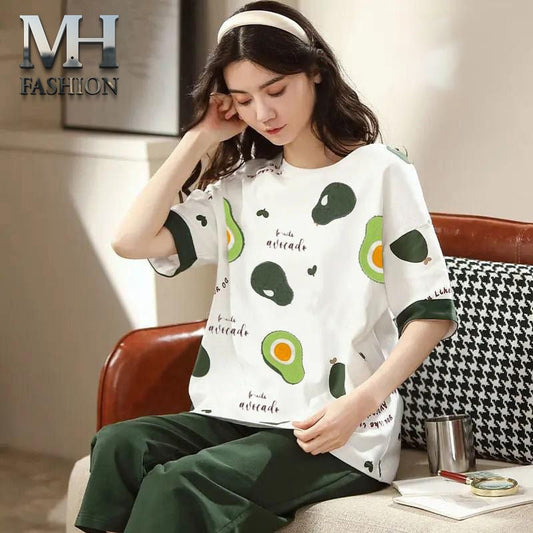 green half sleeves  printed design night suit fabric cotton jarsy - M.H fashion 