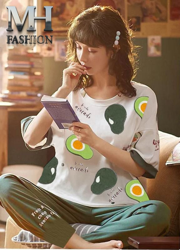 green half sleeves  printed design night suit fabric cotton jarsy - M.H fashion 