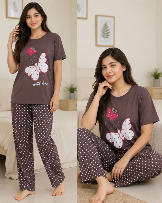 brown butterfly Print Women's Night Suit – Cotton Sleepwear Set - M.H fashion 