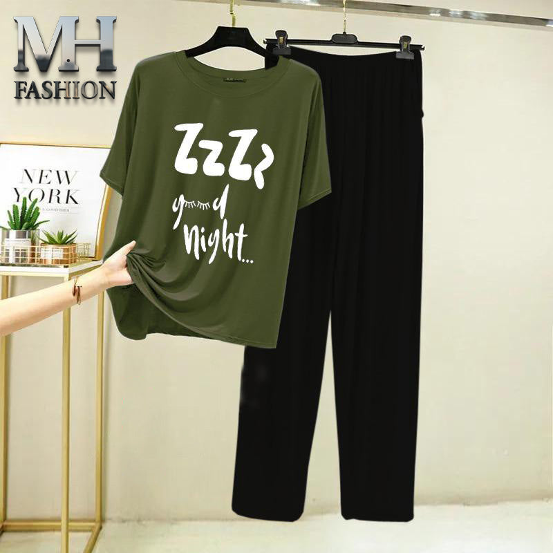 Dark green t-shirt and black trouser night suit for girls and woman cottan jarsy fabric (M.H  25)