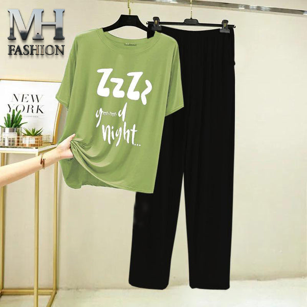 light green t-shirt and black trouser night suit for girls and woman cottan jarsy fabric (M.H  26)