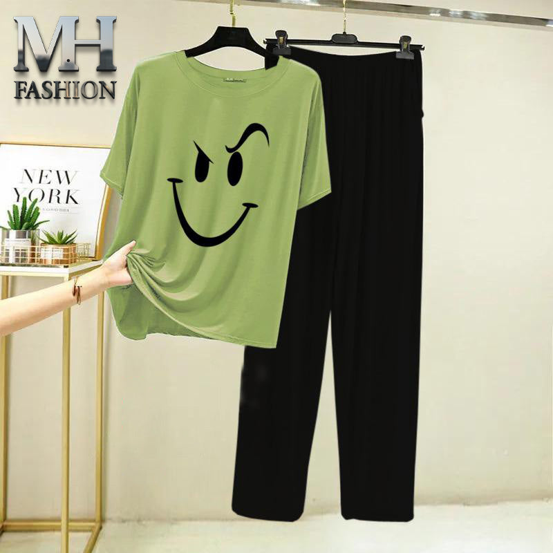 light green t-shirt and black trouser night suit for girls and woman cottan jarsy fabric (M.H  26)