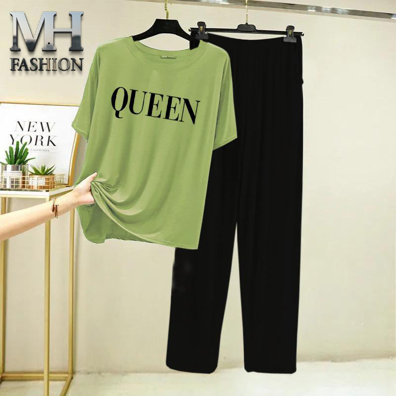 light green t-shirt and black trouser night suit for girls and woman cottan jarsy fabric (M.H  26)