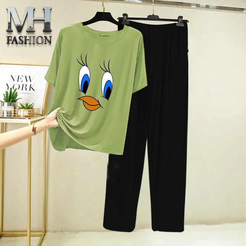 light green t-shirt and black trouser night suit for girls and woman cottan jarsy fabric (M.H  26)