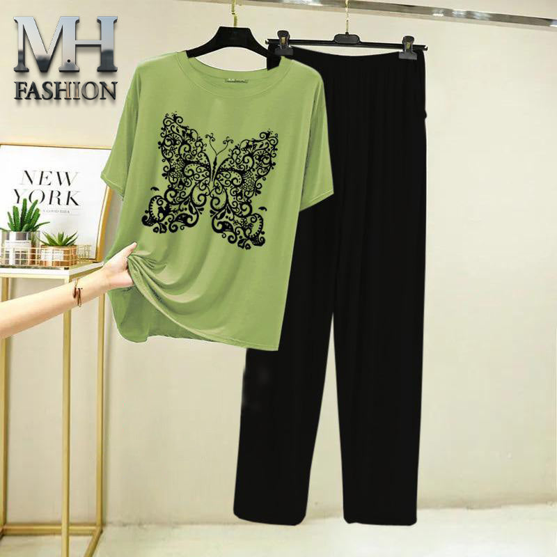 light green t-shirt and black trouser night suit for girls and woman cottan jarsy fabric (M.H  26)