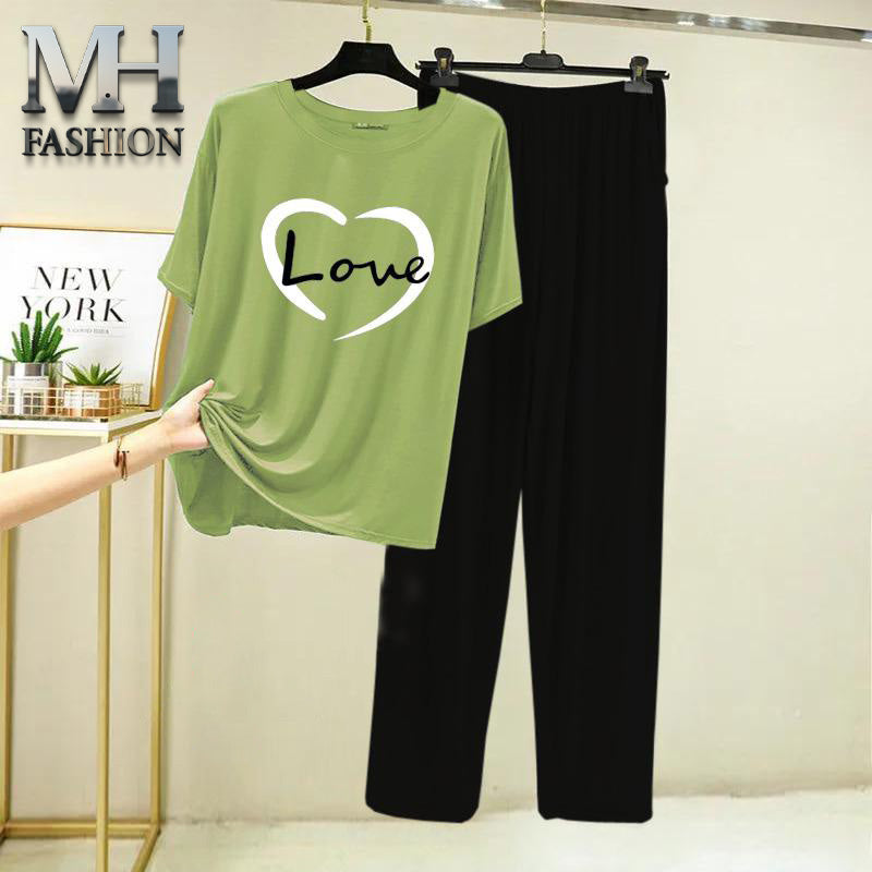 light green t-shirt and black trouser night suit for girls and woman cottan jarsy fabric (M.H  26)