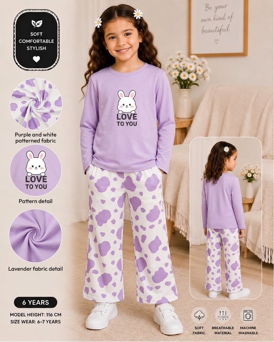 purple love printed kids summer night suits for girls