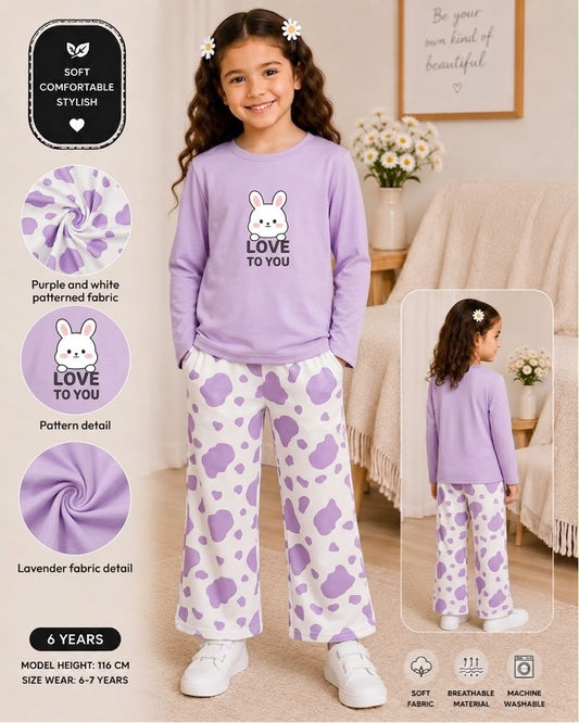 purple love printed kids summer night suits for girls