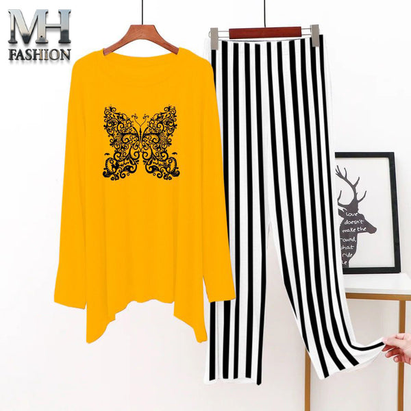 yellow t-shirt and black lining trouser night suit for girls and woman cottan jarsy fabric (M.H  22)