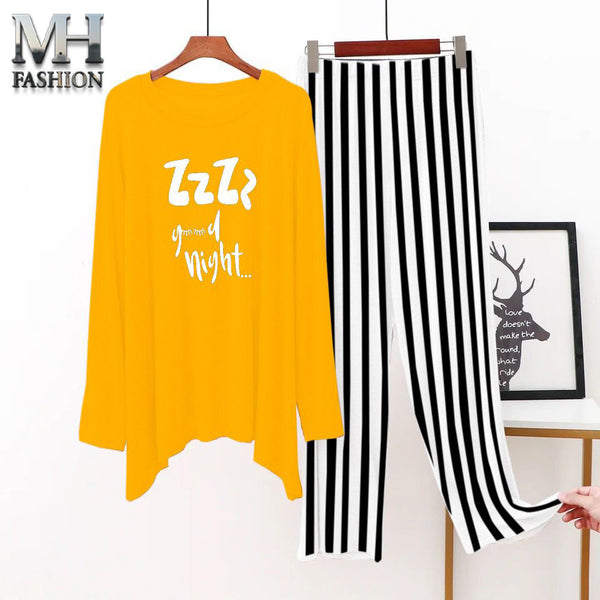 yellow t-shirt and black lining trouser night suit for girls and woman cottan jarsy fabric (M.H  22)