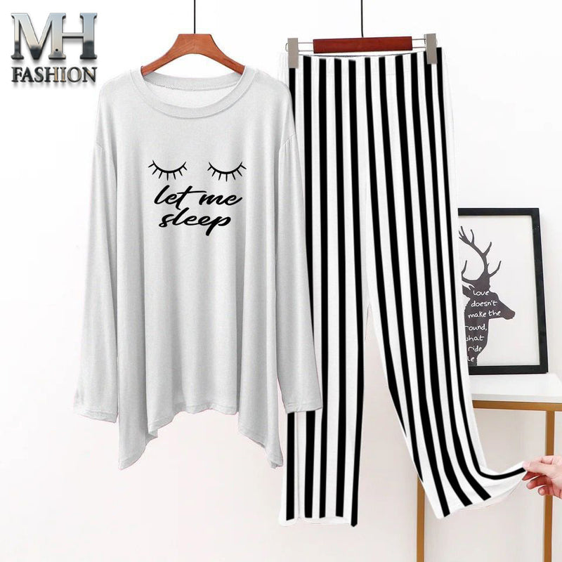 White full sleeves printed t-shirt and black lining trouser night suit for girls and woman cottan jarsy fabric (M.H  29)