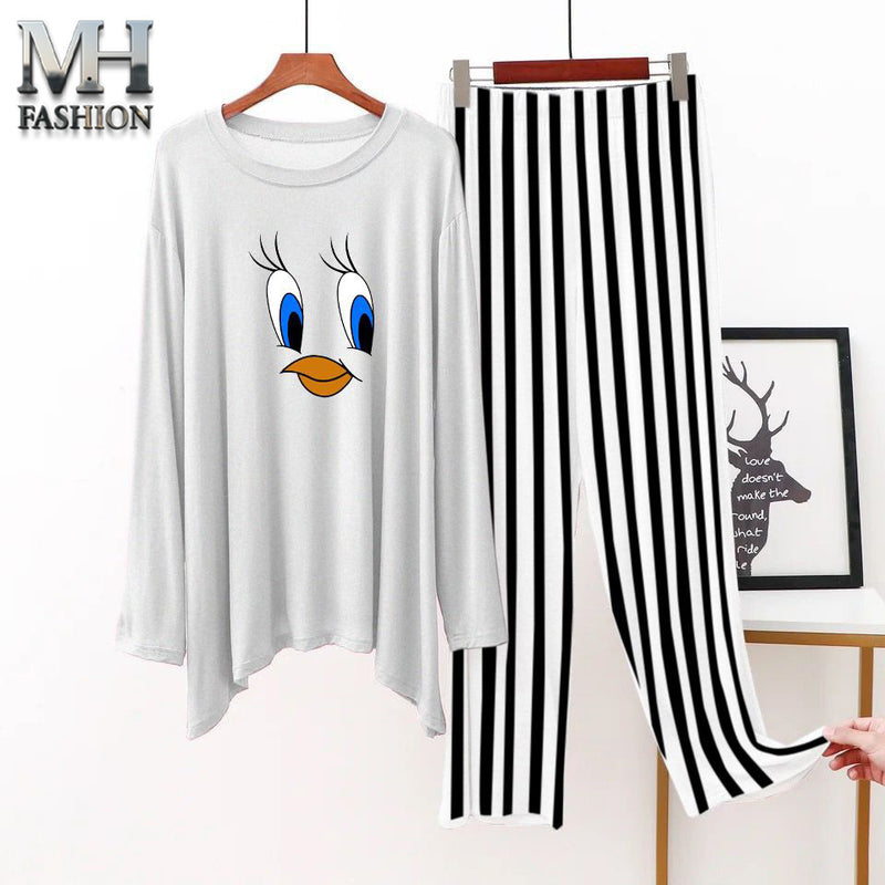 White full sleeves printed t-shirt and black lining trouser night suit for girls and woman cottan jarsy fabric (M.H  29)