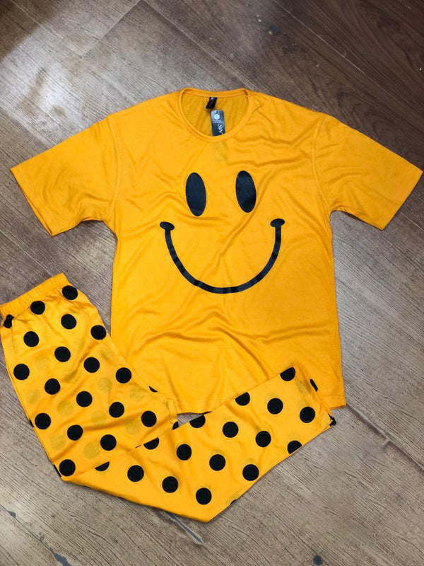 yellow smile  printed design night suit cotton jarsy fabric for girls and woman