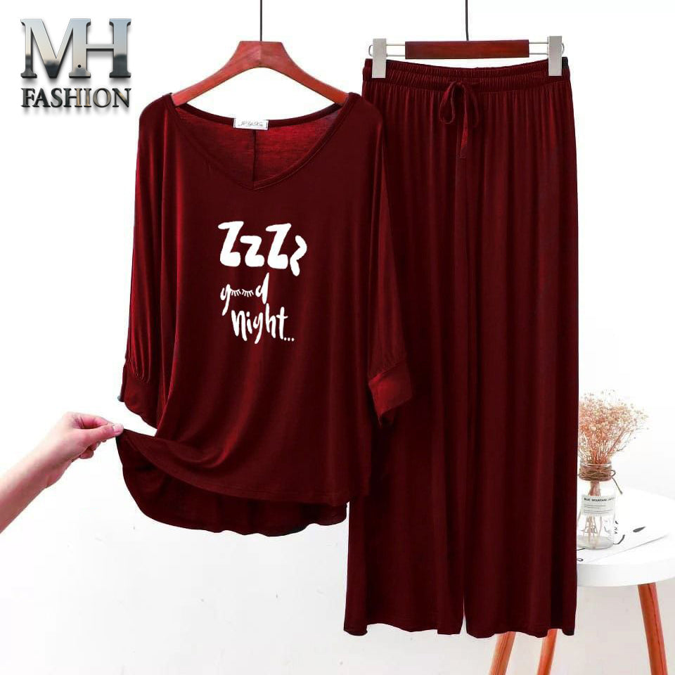 Maroon  Printed V-Neck Palazzo Lounge Wear For Women PJ Set - M.H fashion 