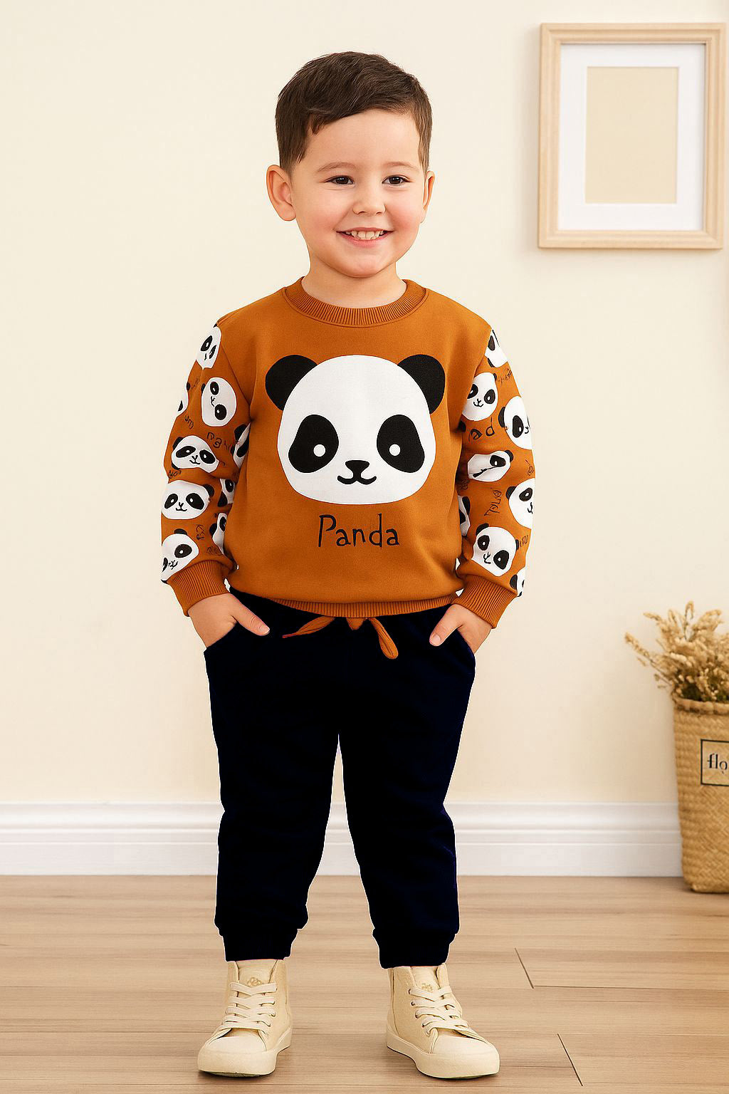 white panda brown printed  kids suit for winter - M.H fashion 