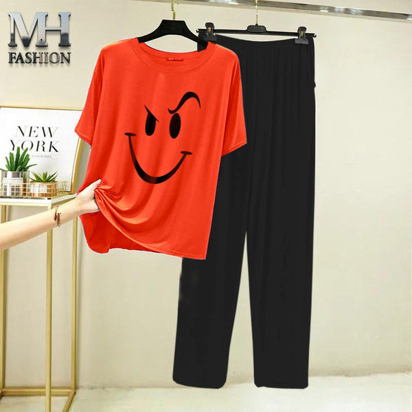 orange t-shirt and black trouser night suit for girls and woman cottan jarsy fabric (M.H  28)