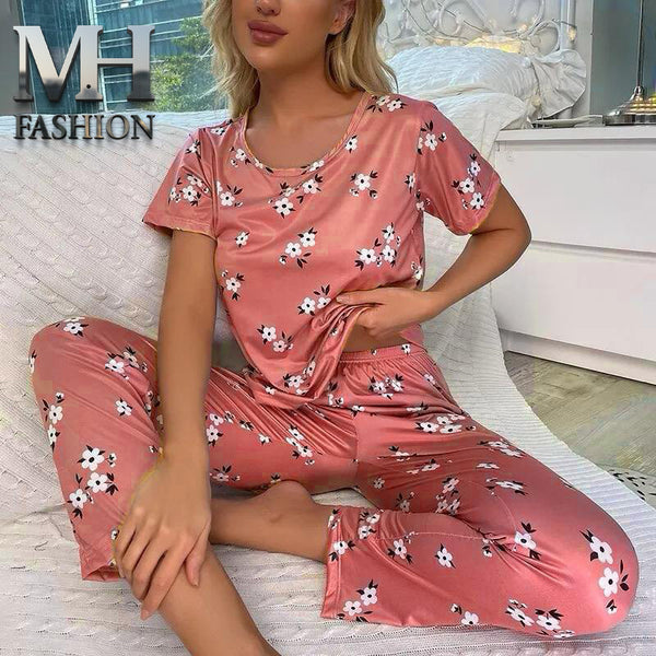 pink half sleeves flowers design night suit premium fabric for girls and woman (M.H 65)