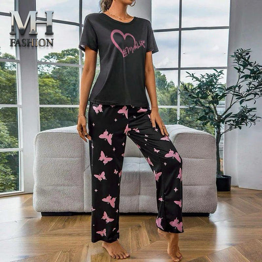 black heart printed t-shirt and butterfly printed trouser night suit premium fabric for girls and woman (MH 72)